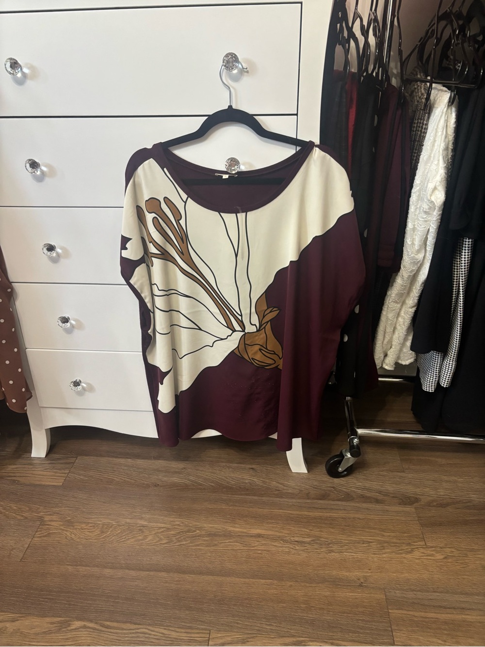 Women's Maroon and Cream Floral-Print Tunic Top